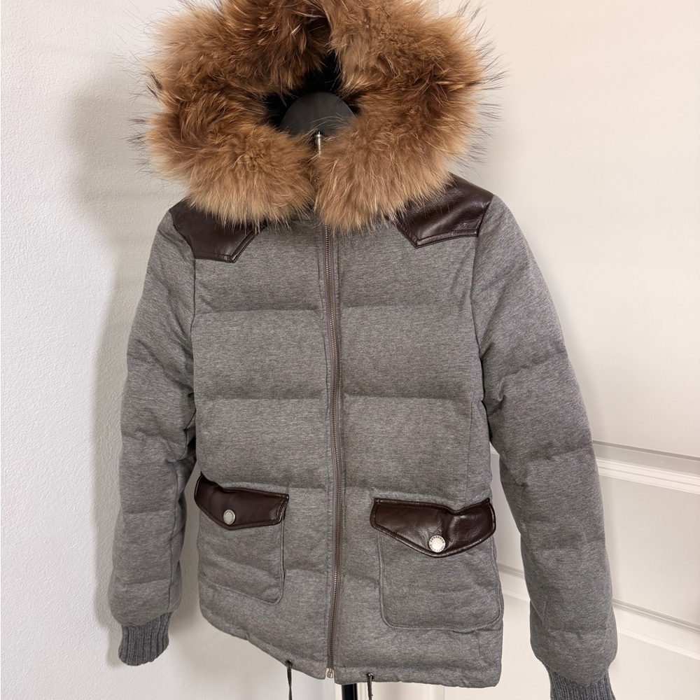 Burberry Blue Label Fur Hood Puffer Jacket Gray w/ Leather Trim